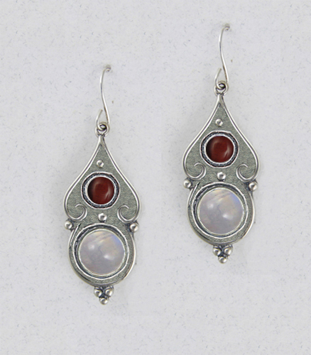 Sterling Silver Rainbow Moonstone And Red Tiger Eye Gemstone Drop Dangle Earrings